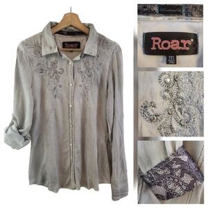 Roar Gray Button Down Shirt with Embroidered Details